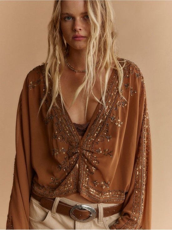 Free People Tops - NWT Free People Brown Beaded Calla Embellished Cape Western Top